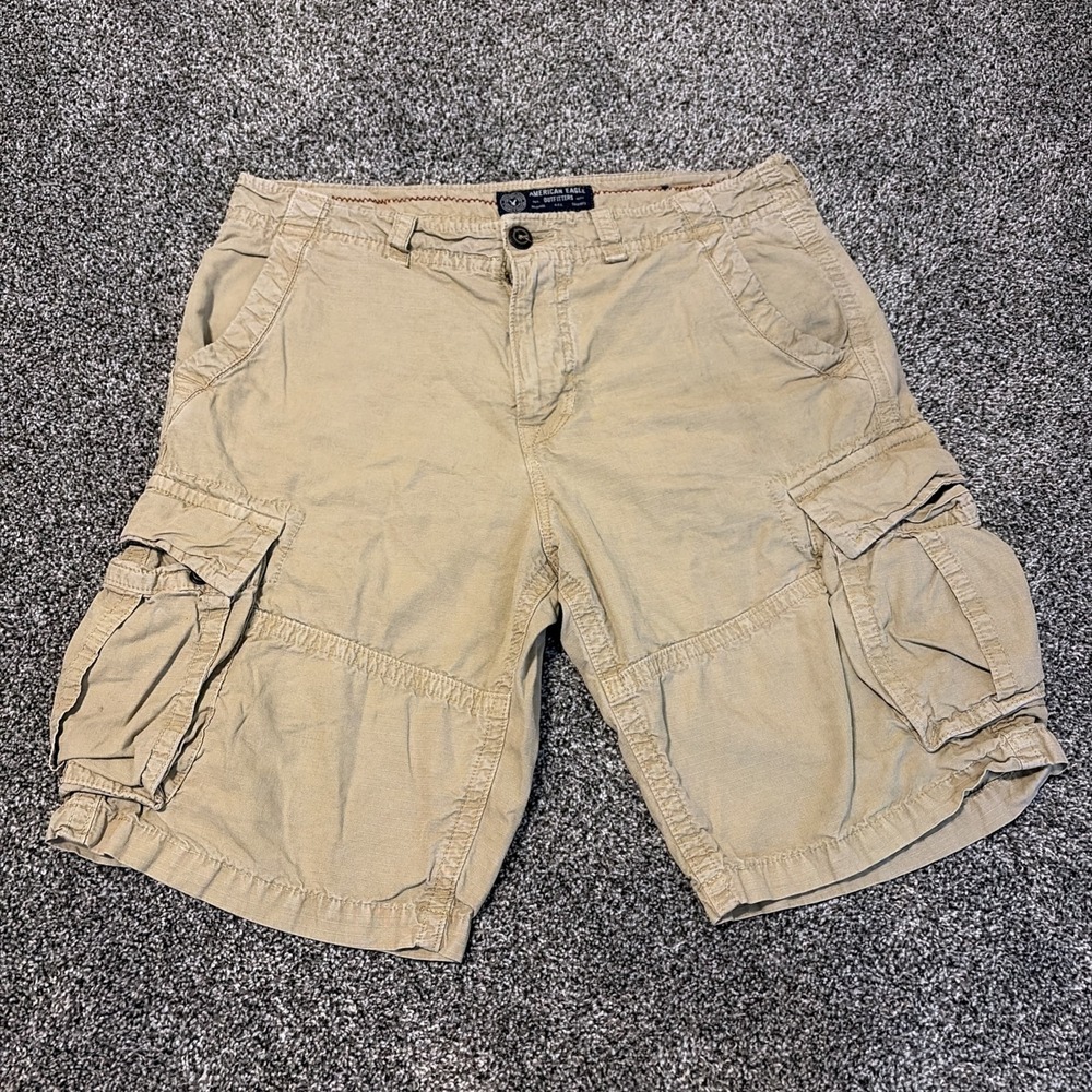 American Eagle Cargo Shorts Longer Length Size 34 Ripstop Khaki Baggy Skater